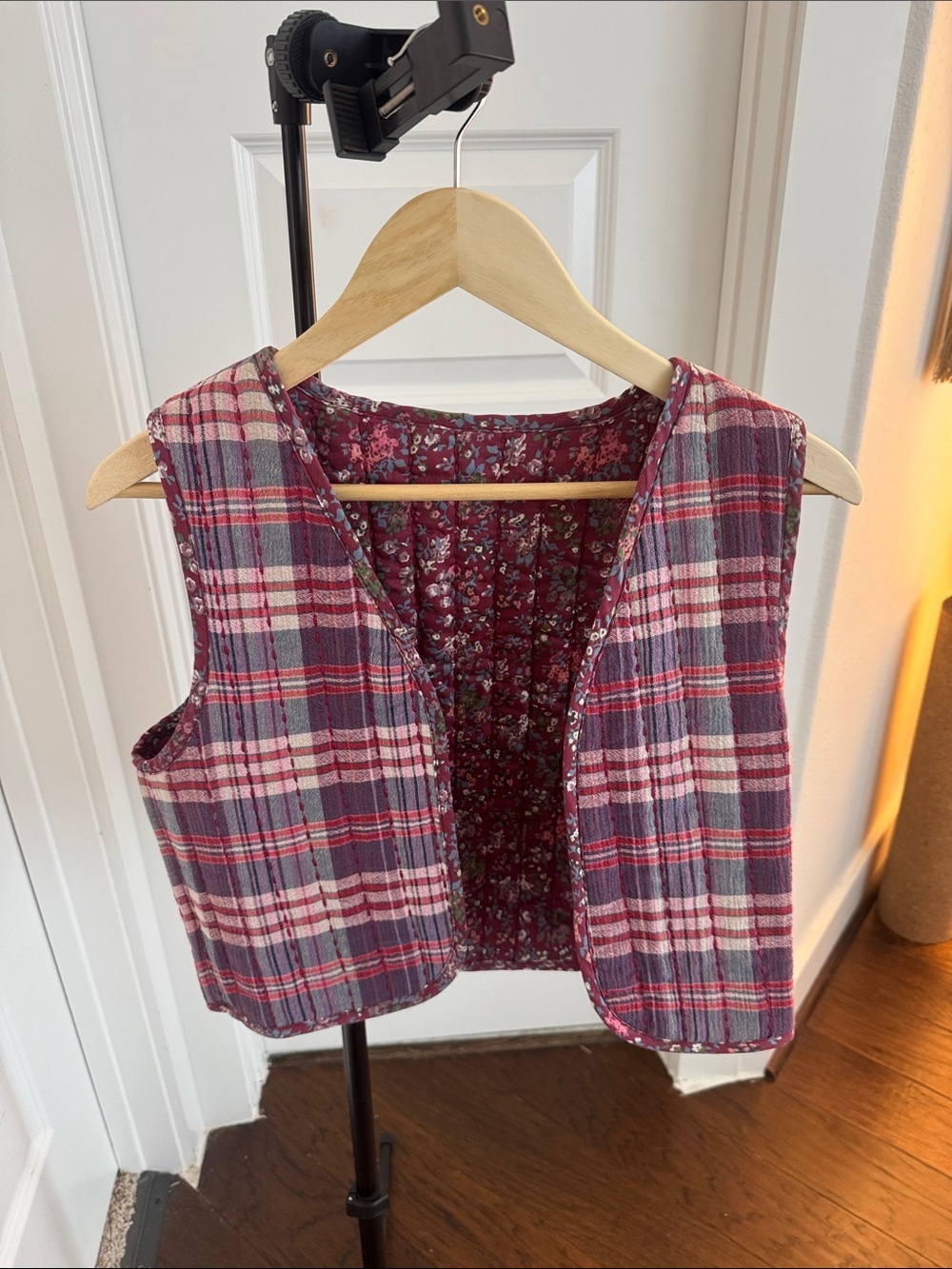 Sezane | Plaid Quilted Vest in Burgundy and Gray